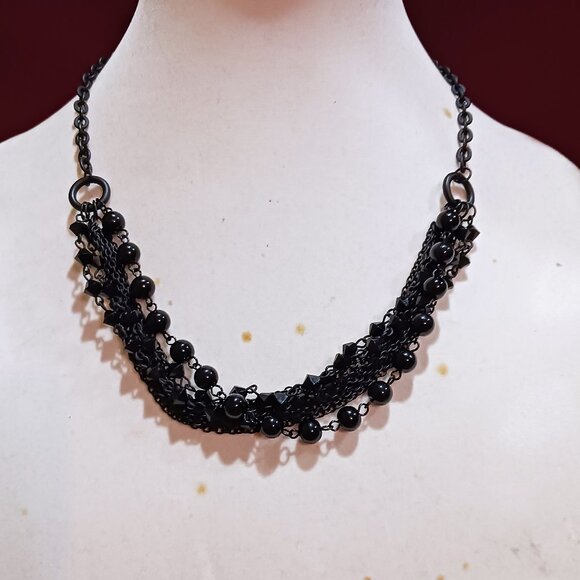 Handmade Black Chain and Bead Layered Cascade Statement Bib Necklace - Picture 1 of 9